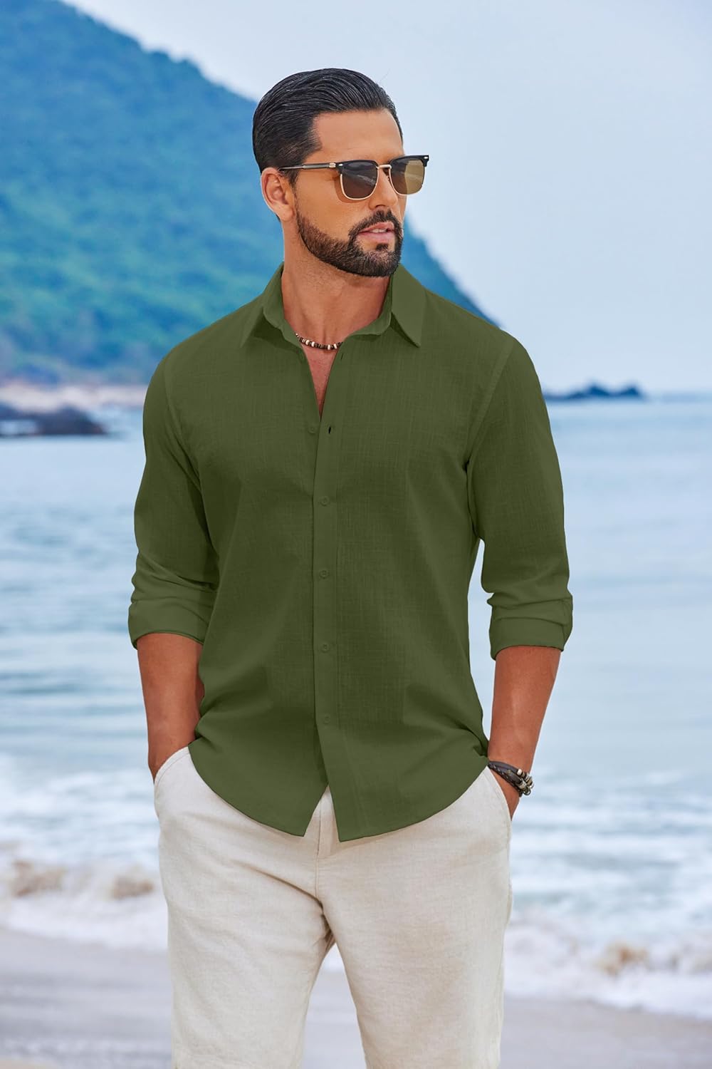 COOFANDY Men's Casual Button Down Shirts Long Sleeve Cotton Beach Wedding Shirt Summer Linen Shirt for Men - Image 2