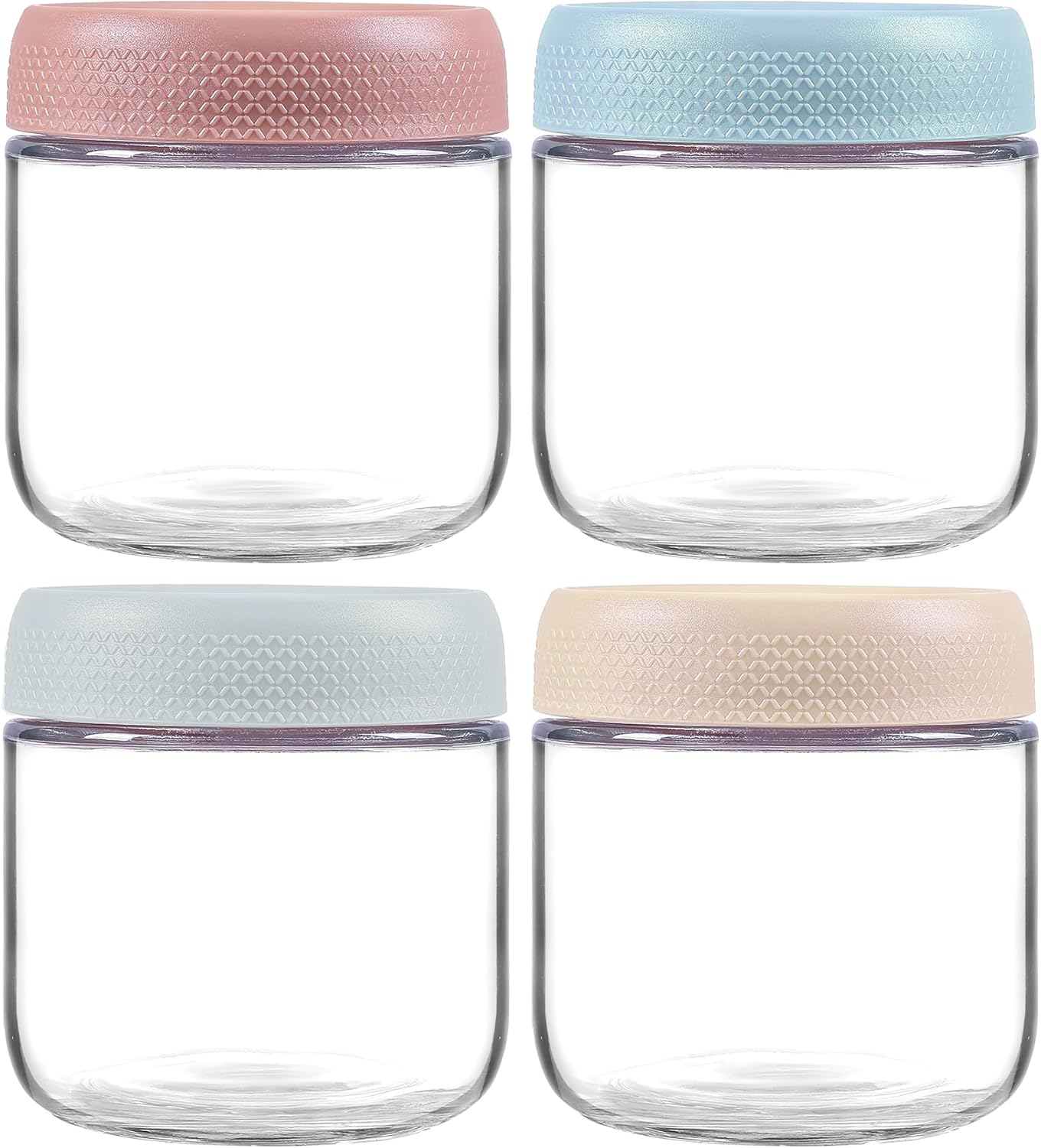 4 pack glass clear storage canister with airtight lid, 12oz overnight oats containers, small cute decorative pantry jar for snacks, yogurt, cereal, fruit, salad, spice, sugar, coffee, tea