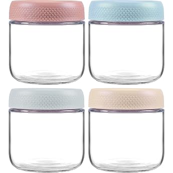 INCETUE 350 ml/12 oz Glass Storage Jars with Lids, Set of 4 Small Cute Decorative Storage Jars, Stackable Glass Container for