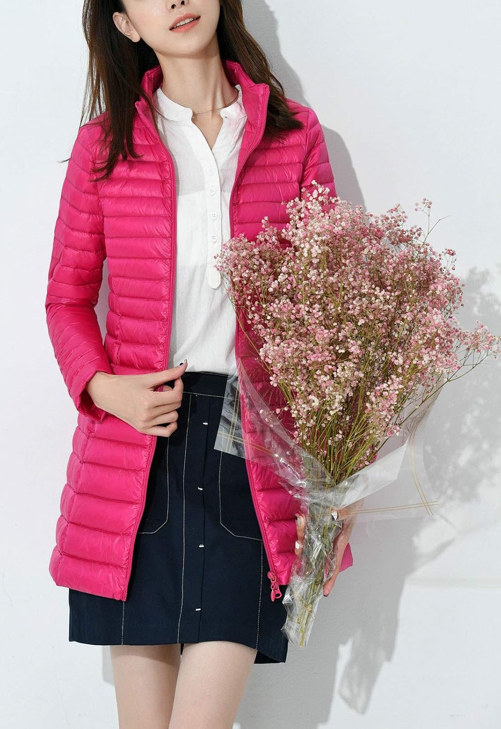 Flygo Women's Lightweight Stand Collar Mid Long Down Coat Puffer Jacket