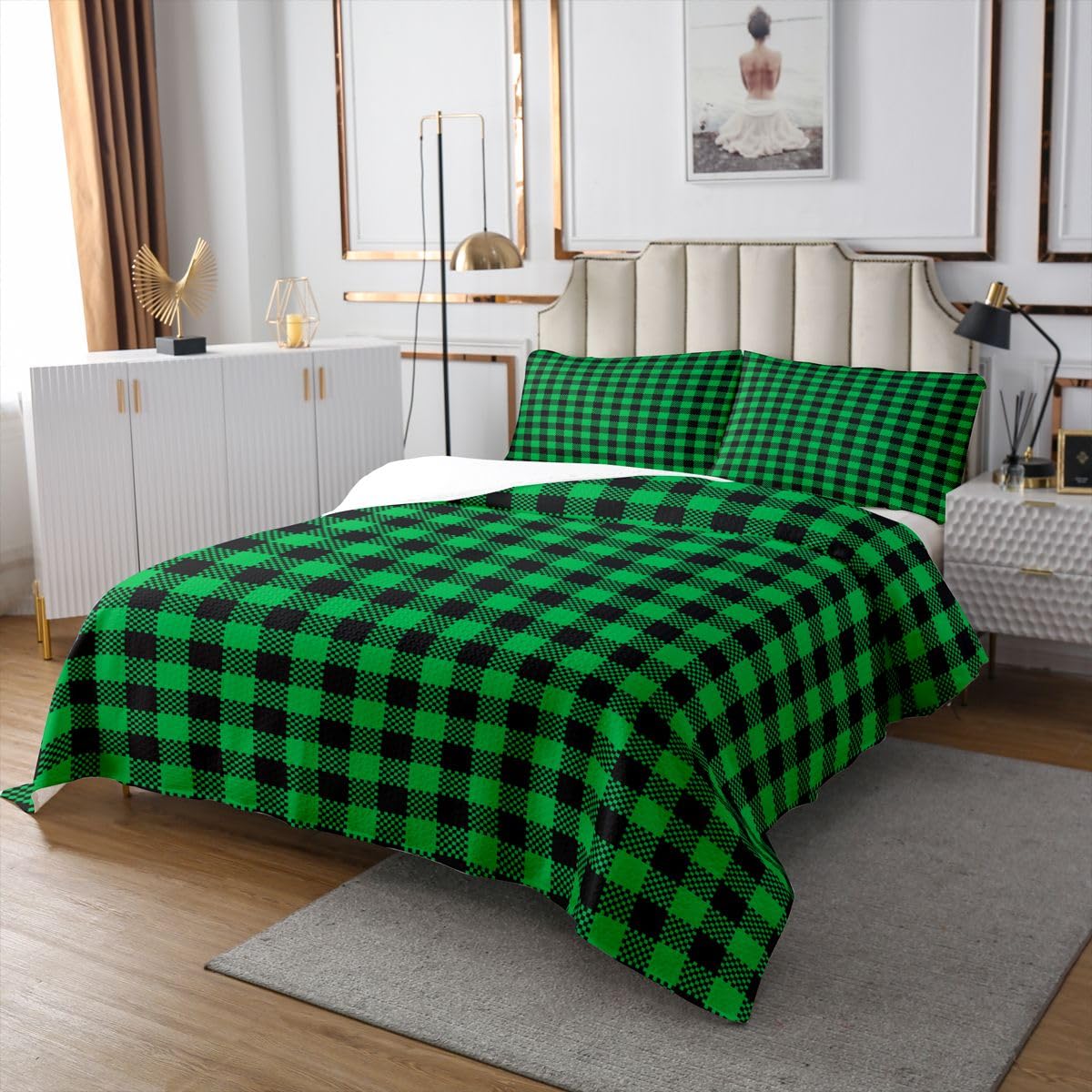 Loussiesd Copriletto a quadri per letto matrimoniale, motivo geometrico, verde e nero, set copriletto a quadretti di bufalo per tutte le stagioni, con 2 federe, in microfibra leggera