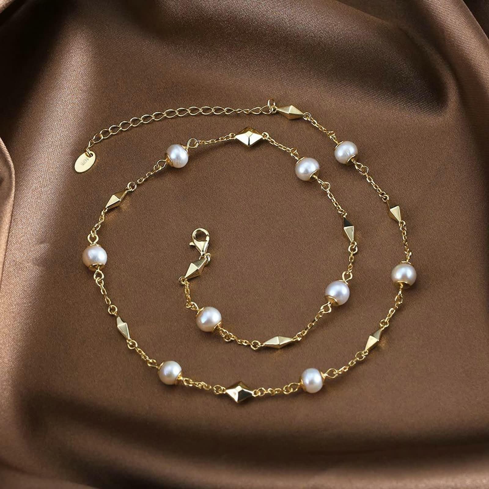 Collana Oro Catena Donna,Donna Catena Collana Argento Sterling 925 Catena con Perle Donna Catene Collana Oro