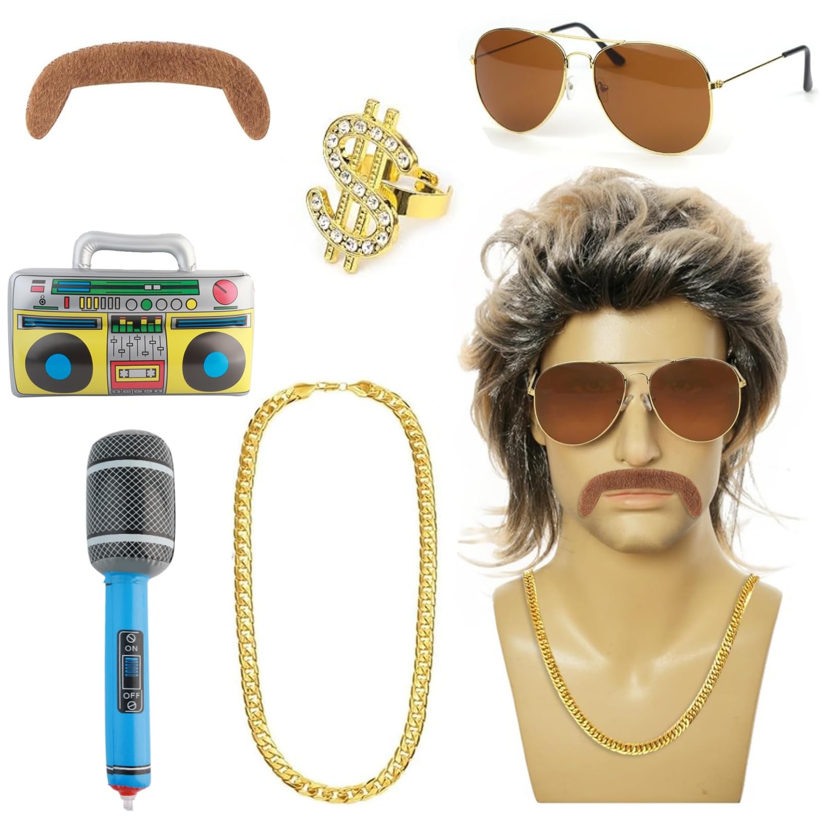 ZWQLZG Hip Hop Costume kit, 80s 90s Hip Hop Fancy Dress Rapper Costumes Outfit Kit Metal Chain Flat Fancy Dress Accessories with Disco Necklace Bracelet Sunglasses for Women Men Hippie