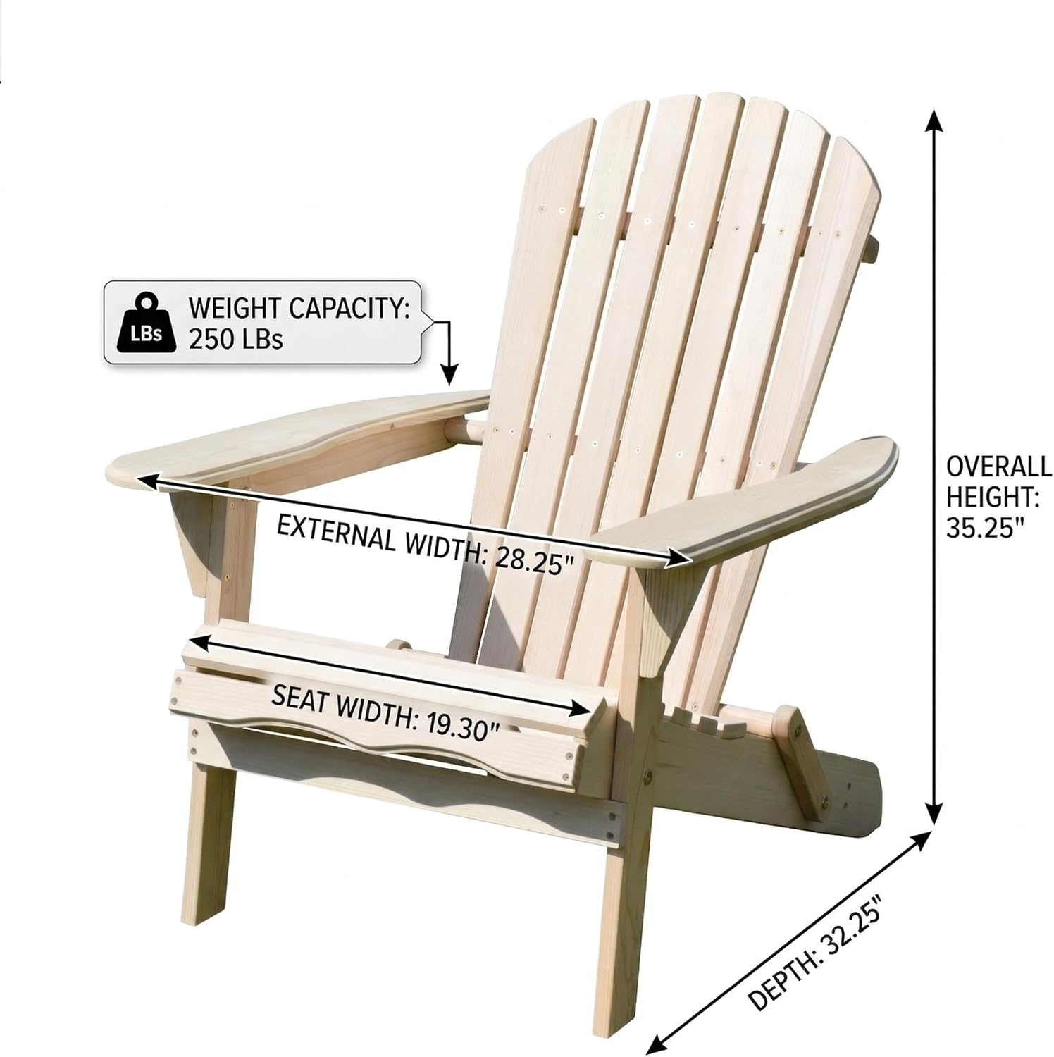 Merry Garden Foldable Wooden Adirondack Chair, Outdoor, Garden, Lawn, Deck Chair, Natural