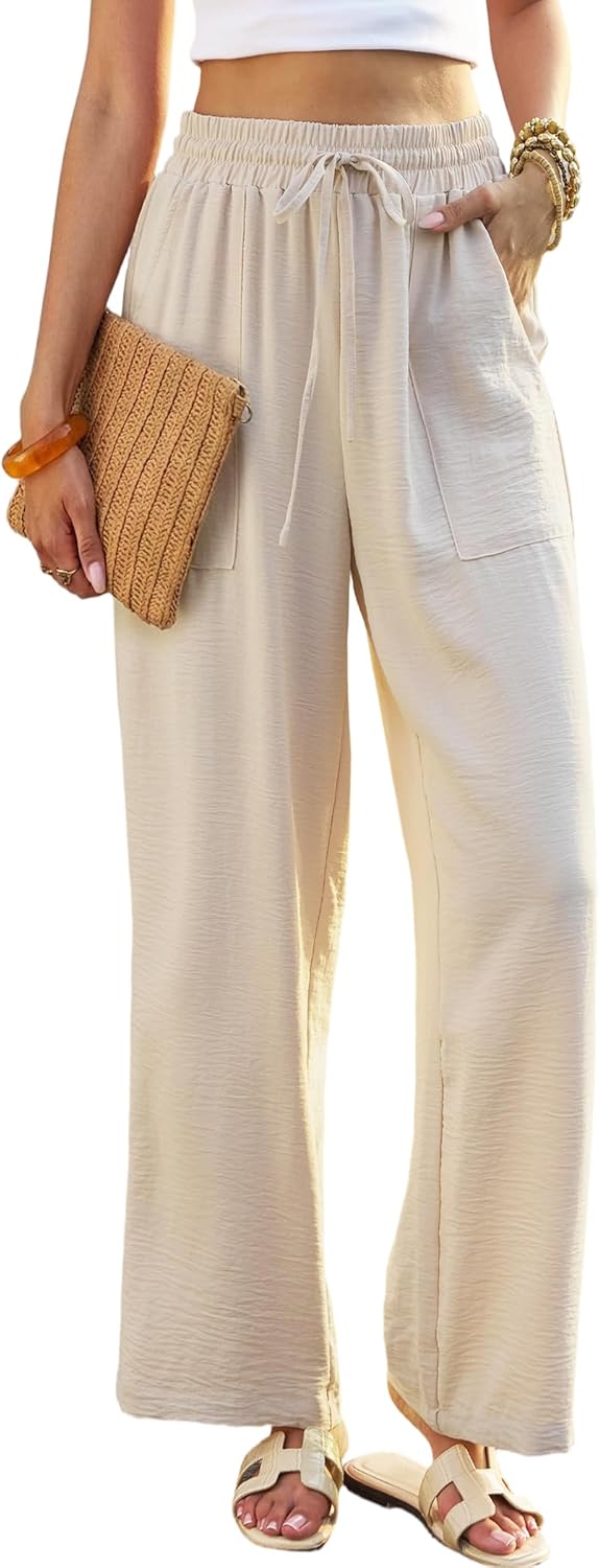 Womens Flowy Wide Leg Pants, 2026 High Waist Palazzo Beach Trousers with Pockets Summer Vacation Travel Clothes