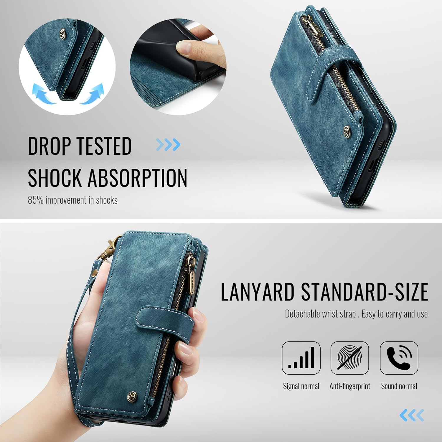 Samsung Galaxy S24 FE 5G Wallet Case with Card Holder Kickstand Magnetic Zipper Pocket Lanyard Strap Wristlet,Leather Flip Case Wallet for Galaxy S24 FE 6.7 Inch(Blue)