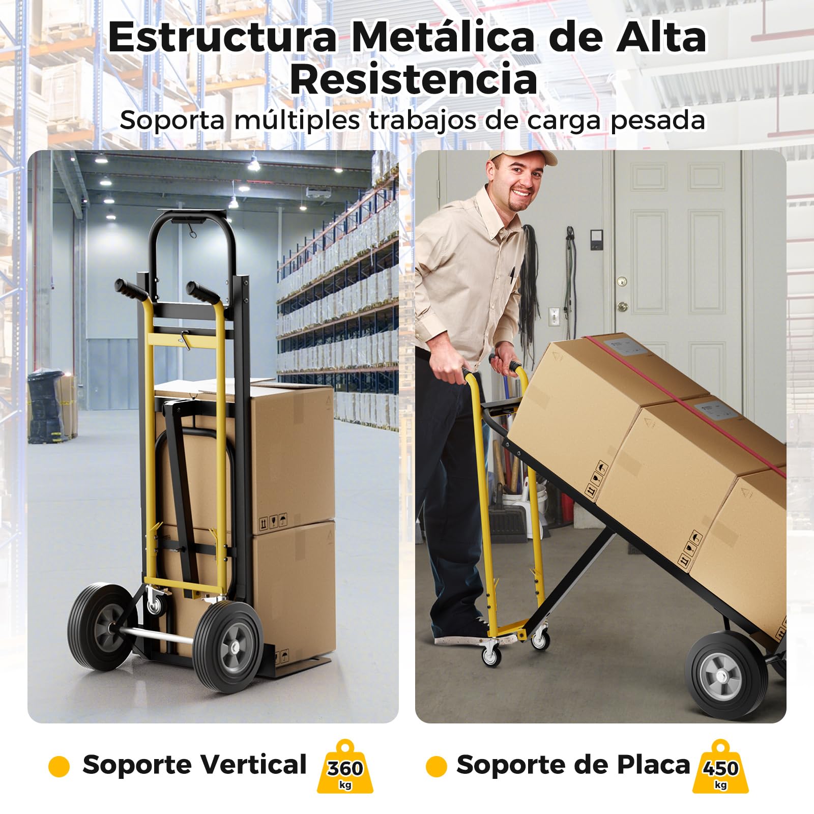 GOPLUS Carro De Metal Portátil 3 En 1 De Alta Resistencia con Ruedas De Goma Universales, Capacidad De 450 Kg, Carro Industrial Plegable para Transporte Y Mudanza En Almacén (Negro + Amarillo)