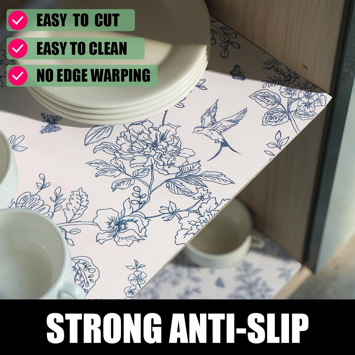 White and Bluer Bird Floral Drawer Liner, 24IN x 10FT, Non-Adhesive and Strong Non-Slip Floral Shelf Cabinet Drawer Liners for Kitchen, Waterproof Cupboard Liners,Easy to Clean