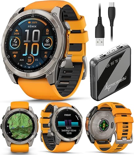 Miniatura 16 de Wearable4U Garmin Fenix 8 – 2 pulgadas, reloj inteligente multideporte GPS AMOLED, zafiro, titanio con banda de silicona naranja brillante/grafito,