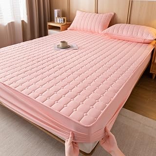 Protector de colchón acolchado ultra suave con bolsillos profundos, color rosa, se adapta a cama doble de 180 x 200 + 30 cm