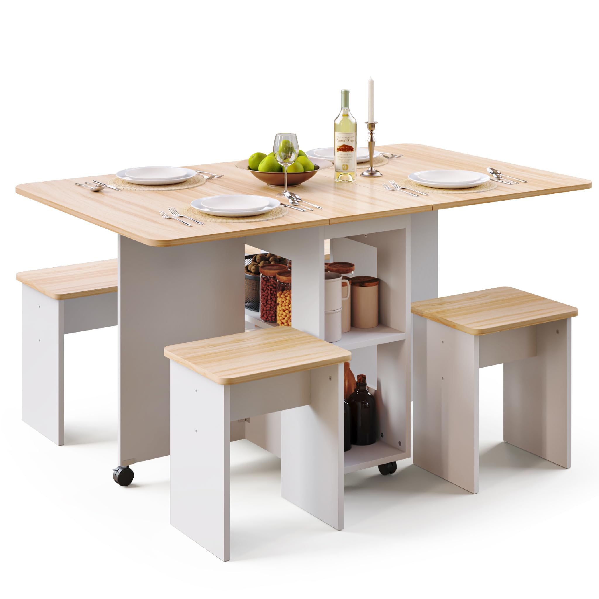 Mondeer Ensemble Table à Manger avec 4 Chaises, Ensemble Table à Manger Pliable avec Chaises pour Petits Espaces avec Etagères de Rangement, 120 x 80 x 80 cm, Chêne et Blanc