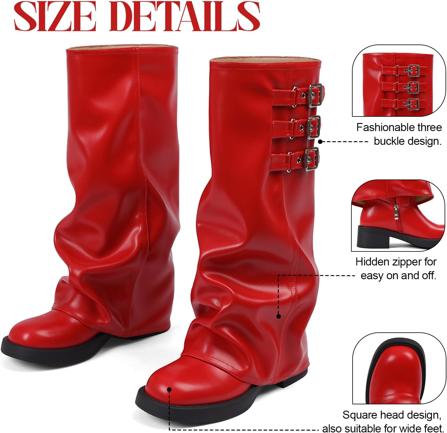 Knee High Boots Women Fall Slouchy Fold Over Tall Boots - Motorcycle, Hidden Zipper, Fashion Buckle, Platform, Square Toe - Image 6