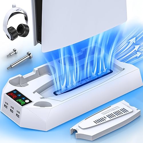 PS5/PS5 Slim/PS5 Pro Stand and Cooling Station with Dual Controller Charging Station for PlayStation 5 Console, PS5 Accessories Incl. Controller Charger, Cooling Fan, Headset Holder, 3 USB Hub, White
