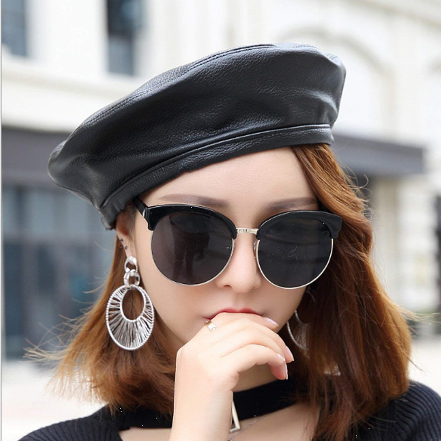 Sombrero Cuero Sheepskin Spfall Winter Street Hip Star Star Ocio Jazz Cap, Mejor Comodidad/Black/Xxl
