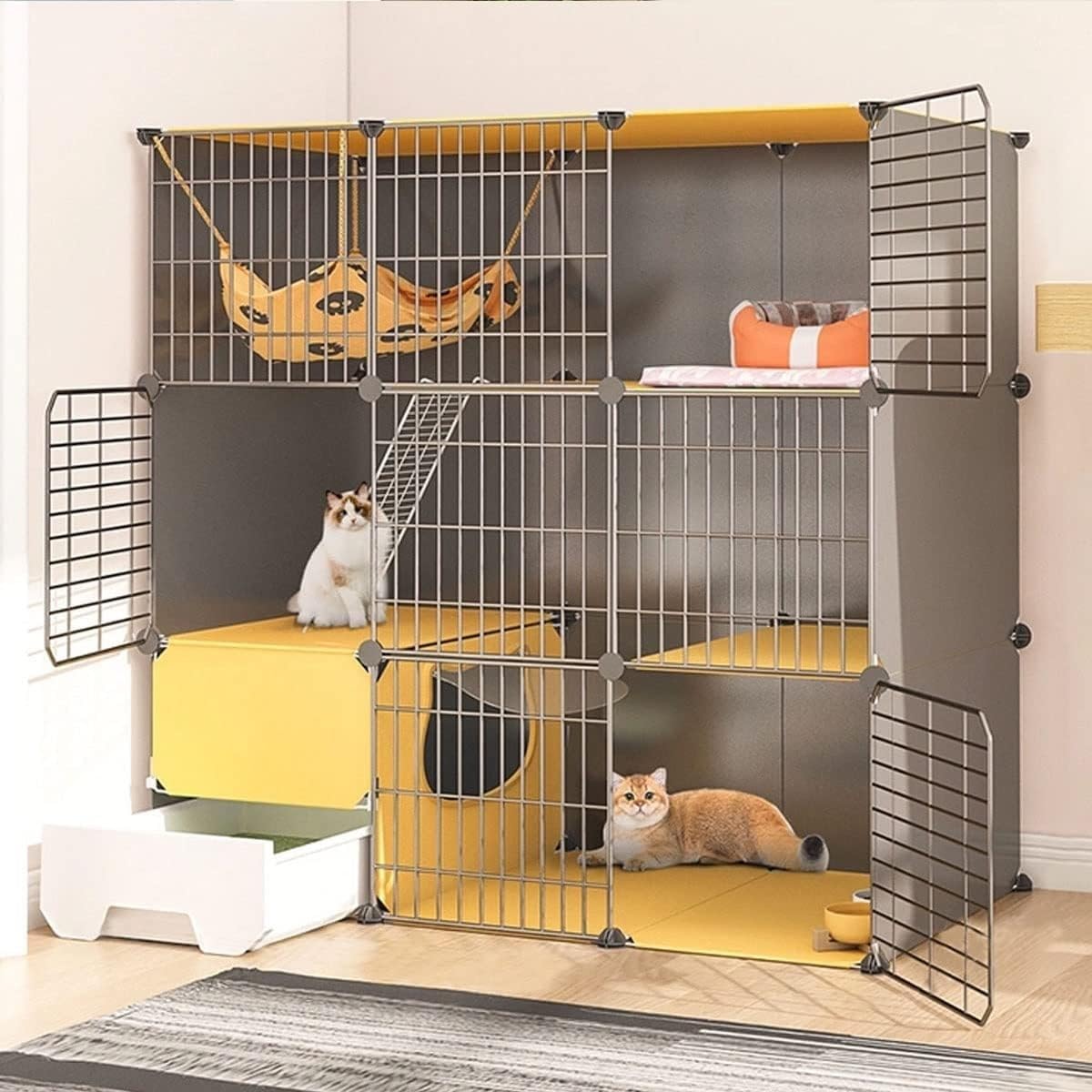 Parc pour chat et lapin : cage intérieure 3 niveaux pour protéger vos meubles