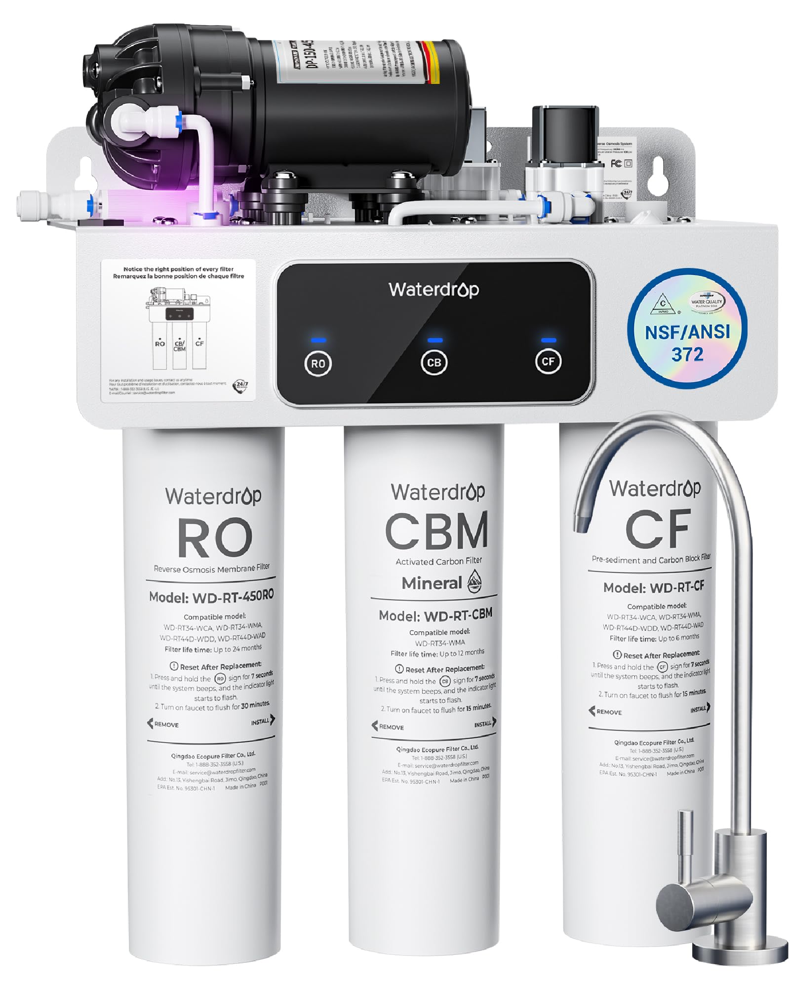 Waterdrop T3-M Système d'Osmose Inverse Reminéralisant sans Réservoir, Certifié NSF/ANSI 372, Filtre à Eau RO à 9 Étapes, 450 GPD, Ratio Eau Pure/Eau de Rejet de 2:1, Raccordement Électrique Requis