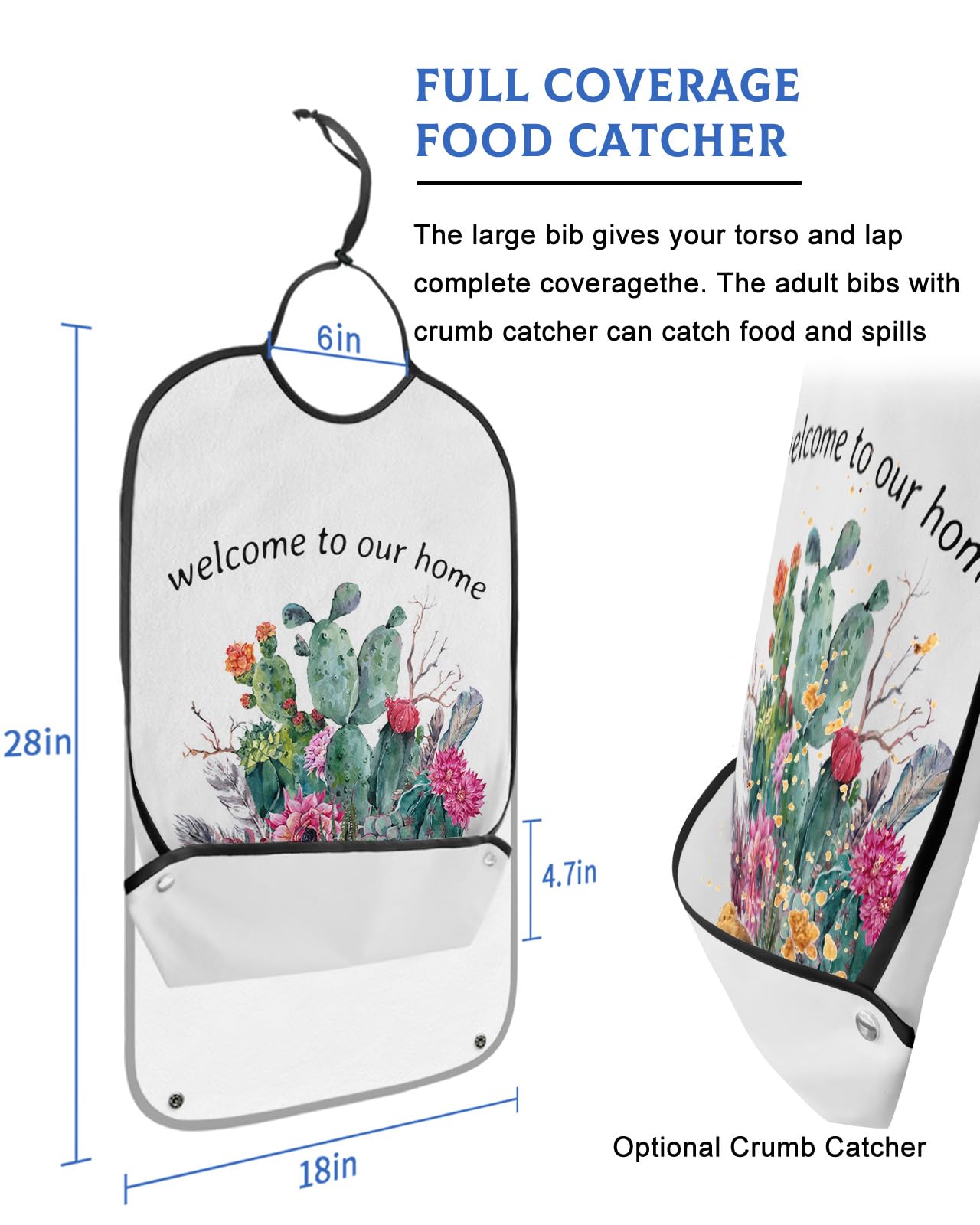 Summer Tropical Cactus Adult Bibs for Eating, Waterproof Bibs with Food Catcher & Adjustable Snap Closure, Farmhouse Rustic Spring Floral Washable Clothing Protectors Adult Bibs for Elderly Women/Men