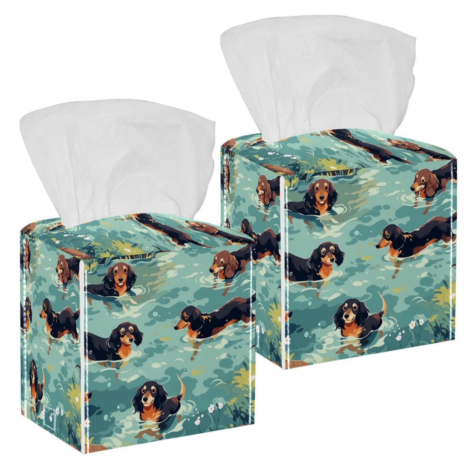Cartoon Dog Tissue Box Cover, 2 Pack PU Leather Square Facial Tissue Dispenser Box holder for Home Office Car