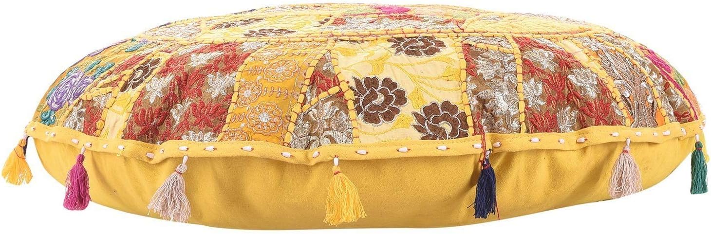 Sophia Art Round Floor Pillow Cushion Patchwork Pouf Ottoman Vintage Indian Foot Stool Bean Bag Floor Pillow Cover Home Decor Living Room Ottoman Bohemain Pillows (Yellow, 40 Inch)