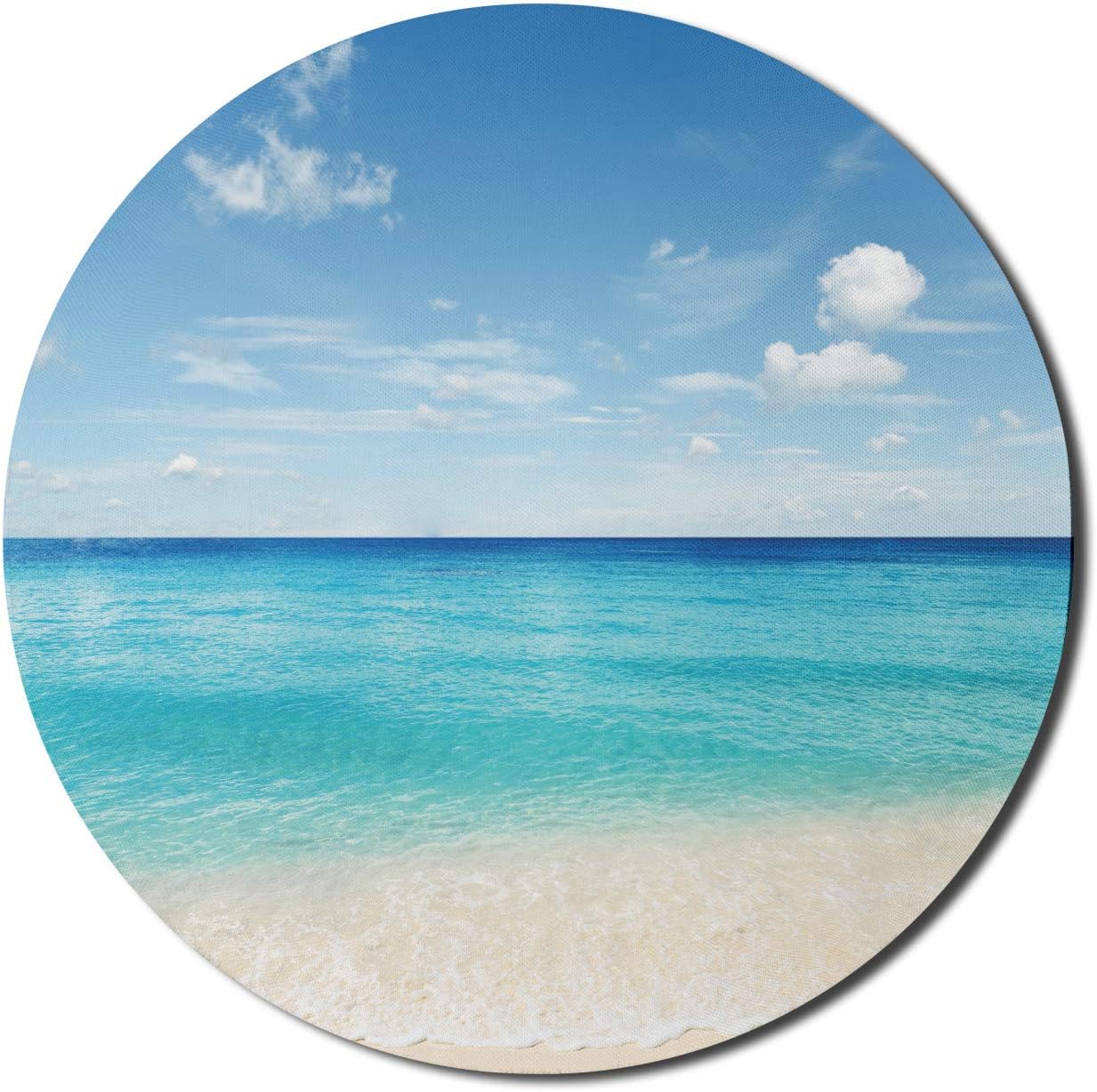 Lunarable Ocean Mouse Pad for Computers, Tropical Carribean Sea Shore Sand Beach Blue Calm Serene Peaceful Waters, Round Non-Slip Thick Rubber Modern Gaming Mousepad, 8 Round, Blue Aqua and White