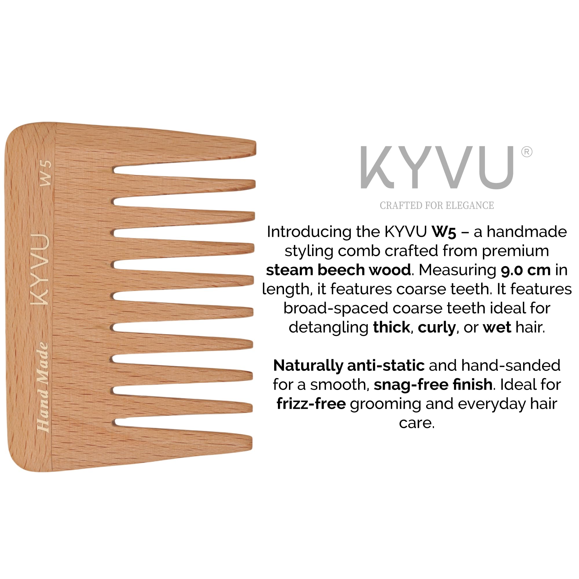 KYVU W5 Handmade 9.0 cm Wide-Tooth Wooden Detangling Comb - Steam Beech, Natural Beech, 9 Centimeters - Image 4