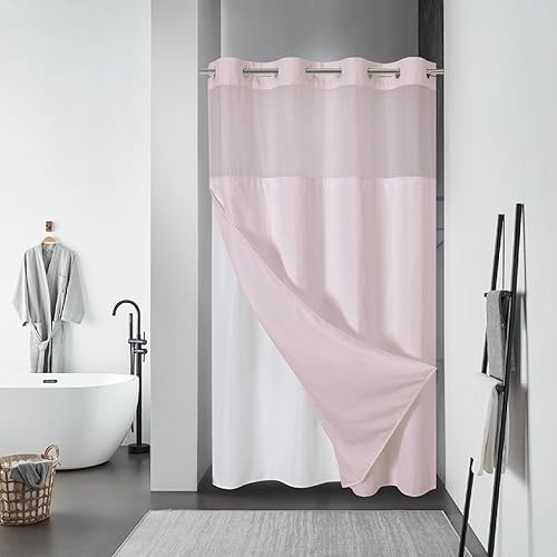 BlushPink No Hook Waffle Weave Shower Curtain with snap-in Liner