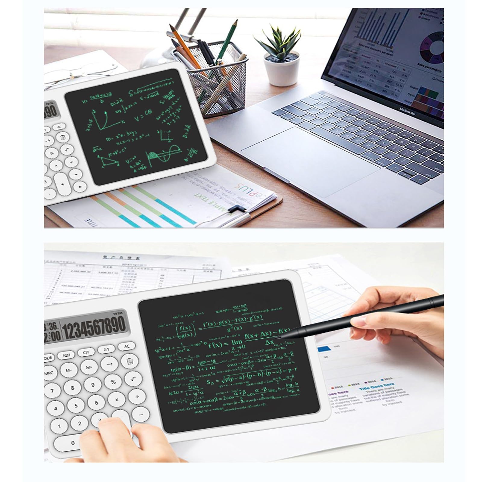 Calcolatrice Scientifica Grafica con Tablet da Scrittura Cancellabile Display LCD a 10 Cifre Calcolatrice Piccola 27×16.9cm，per Ufficio Scuola，Bianco，Giallo(White)