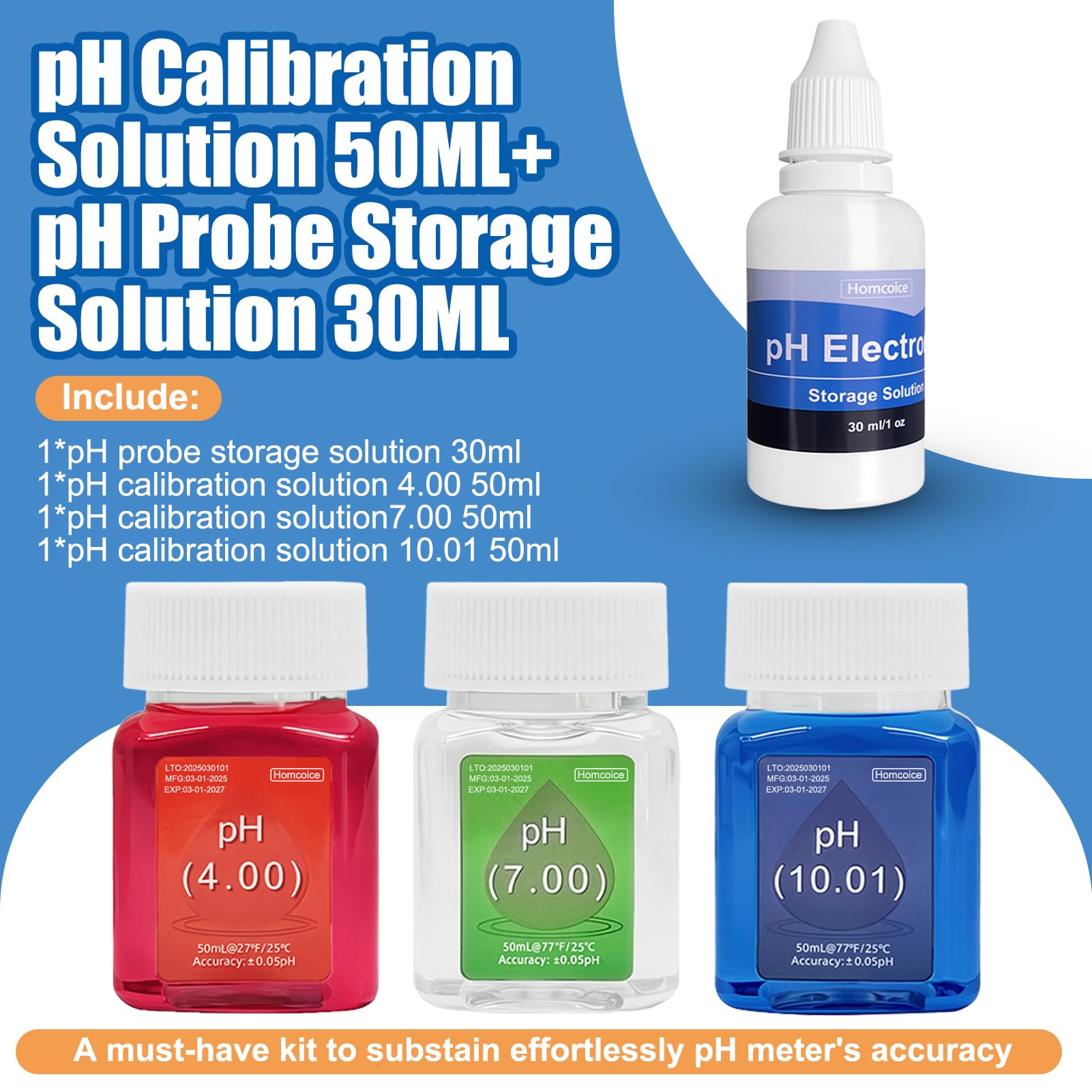 Kit Solution Étalonnaget pH (4.00, 7.00 et 10.01), universel Solution Étalonnage pH 50 ml et Solution Stockage de sonde pH (KCL) 30 ml pour pH-mètres