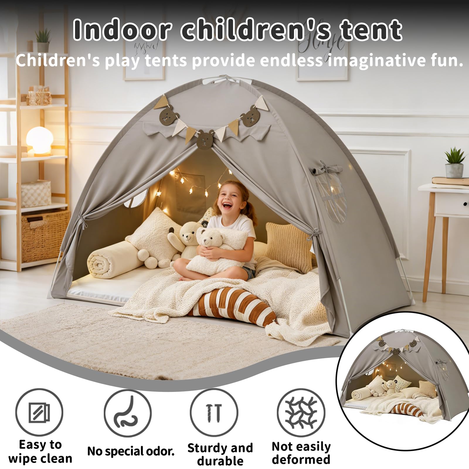 Kinderzelt Indoor Spielzelt Kinder Groß, 195 X 98 X 125 cm Kinderzimmer Spielhaus mit 2 Fenstern, Lichtkette & Fahnen, Maschinenwaschbar, für Spielzimmer, Party, Schneller Aufbau (Grau)