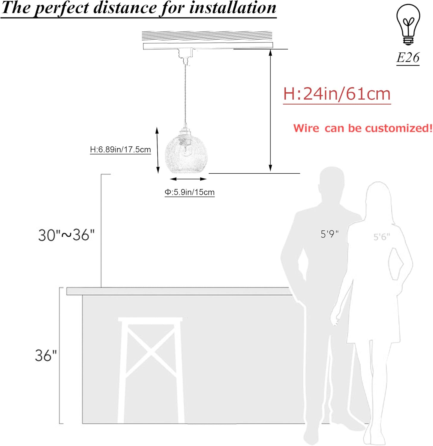 Remote Control with E26 2700K-6500K LED Bulbs Crack Glass Pendant Light H-Type Track Light Pendants 2ft Cord Brass Finished Hanging Lamp for Kitchen Island Customizable 3 Light