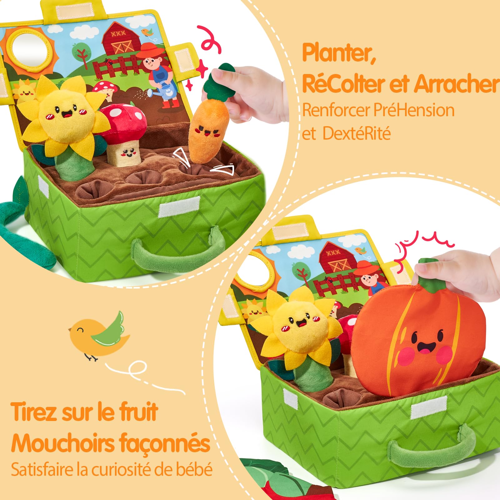 hahaland Jouet Bebe 6-12 Mois - Peluche Fruits légumes Plante | Jeux Potager Bebe 6 Mois avec Carotte, Fleur, Hochets, Miroir et Tissus Froissés - Cadeau Enfant 1 an