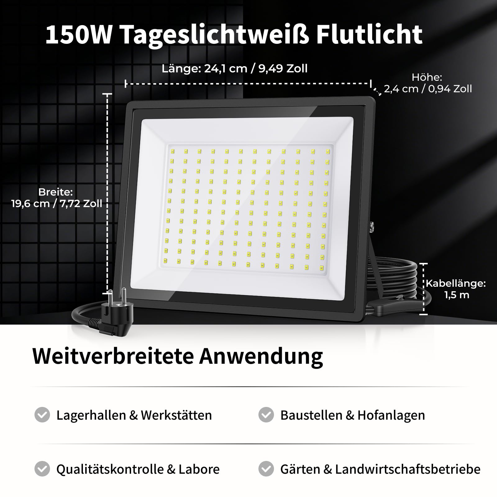 150W LED Strahler Außen IP66 2er Set – 16500LM heller Flutlichtstrahler mit Stecker & 1,5m Kabel, 6500K Kaltweiß, 160° Ultraweitwinkel für Hof, Werkstatt, Garage
