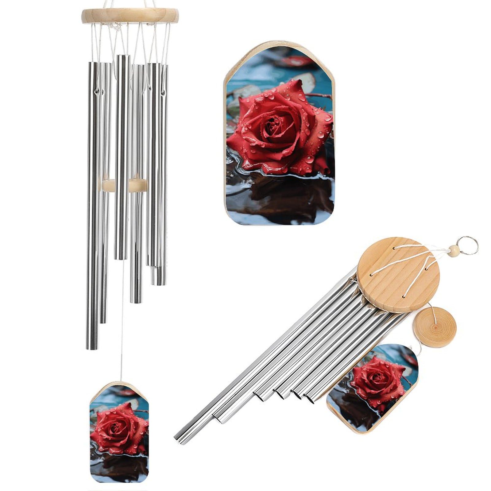 Outdoor Wind Chimes, Red Rose in Water Printed Wind Chimes,Simple Wind Chimes,Curtain Wind Chimes for Home Decoration