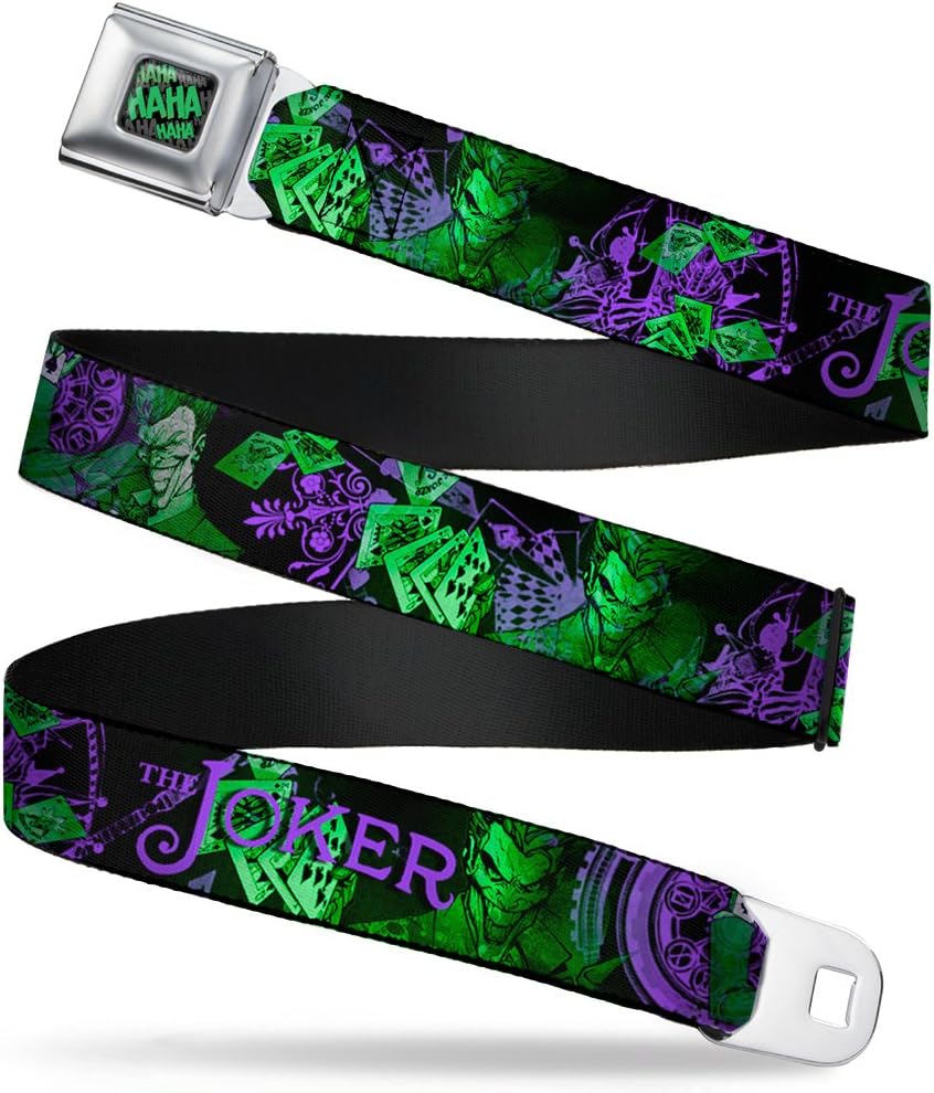 Buckle-Down Seatbelt Belt - THE JOKER Card Flipping Poses Black/Greens/Purples - 1.0" Wide - 20-36 Inches in Length