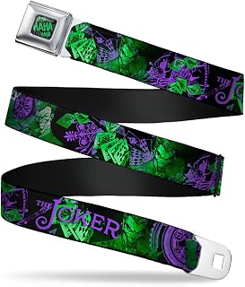 Buckle-Down Seatbelt Belt - THE JOKER Card Flipping Poses Black/Greens/Purples - 1.0" Wide - 20-36 Inches in Length