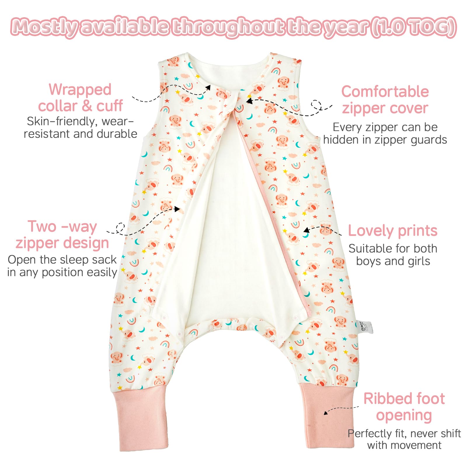 WYTbaby Sacco Nanna Con Piedini 100% Cotone 1 Tog Tutto l'Anno per Bambini 2-3 Anni