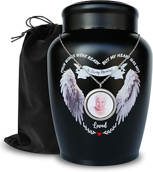 Angel Wings Urn with Photo Necklace, up to 180 lbs Decorative Urns for Human Ashes Adult Female & Male Memorial Cremation Urn Black, Large, Angel Wings