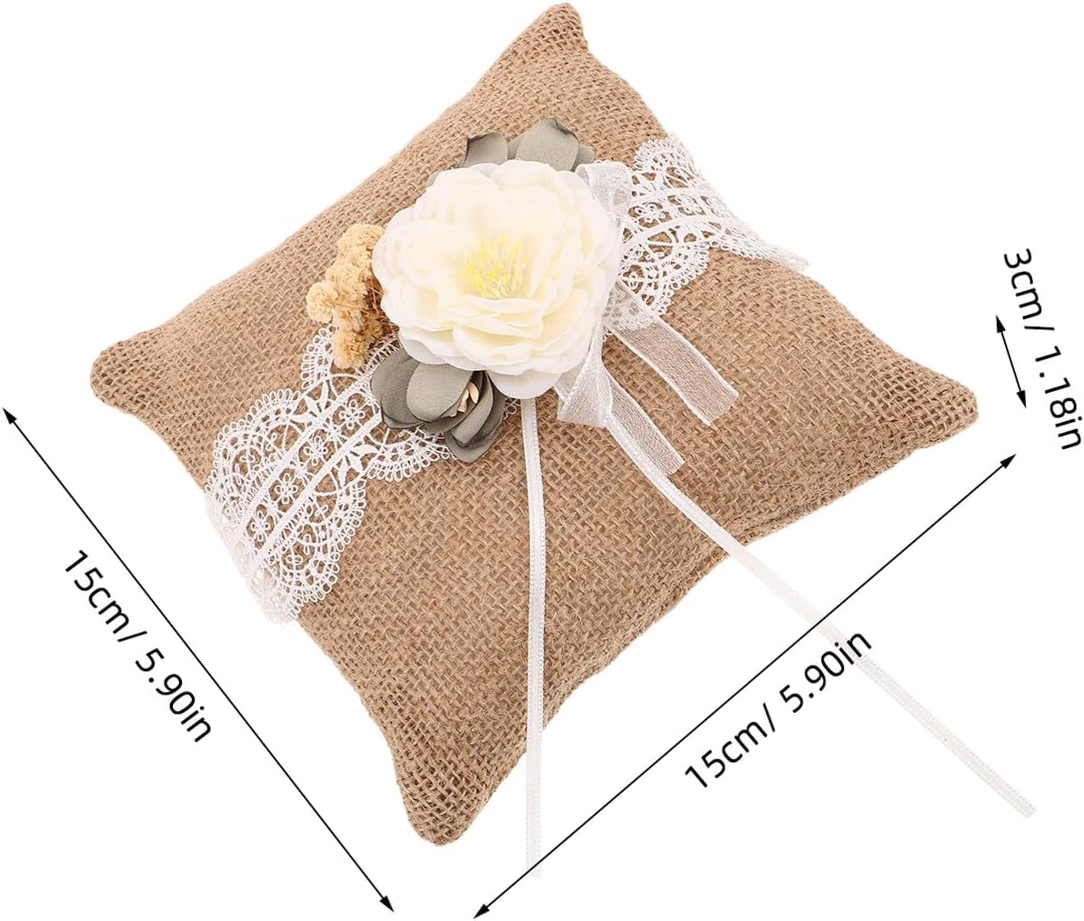 Vaguelly Rustic Burlap Ring Bearer Pillow with Bridal Lace, Vintage Linen Wedding Ring Display Cushion for Ceremony and Photography, Coffee Color
