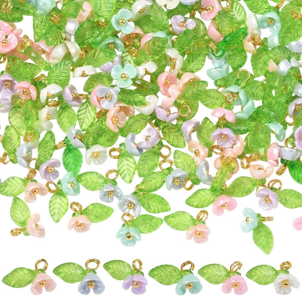 SUNNYCLUE 1 Box 120Pcs 10 Colors Floral Acrylic Charms Lily Flower Charms Bulk Brass Loops Plastic Blossom Spring Colorful Dangle Flowers Pendants for Jewelry Making Supplies DIY Earring Bracelet