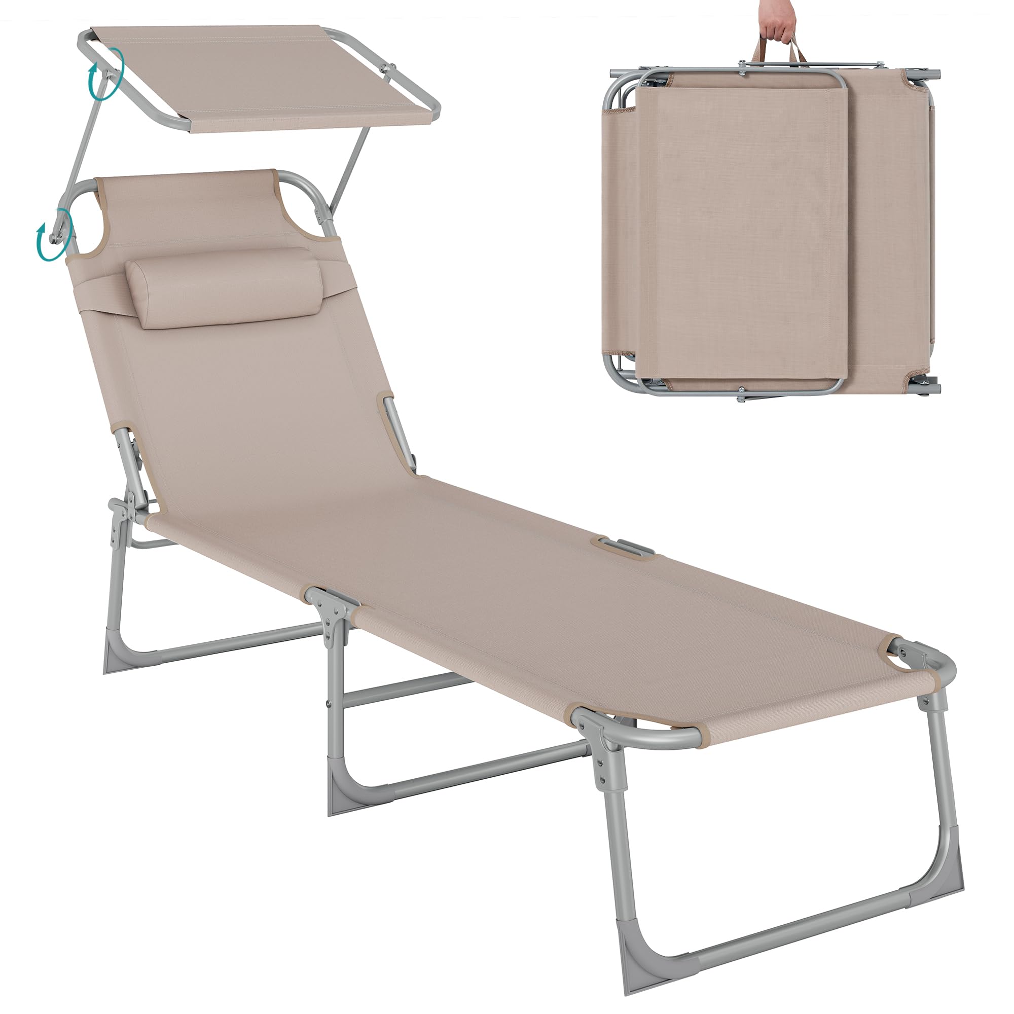 SONGMICS - Tumbona Plegable, Tumbona, 193 x 53 x 29 cm, Capacidad de Carga 150 kg, con Parasol y Respaldo reclinable, para jardín, Piscina, terraza, Color Topo GCB192K01