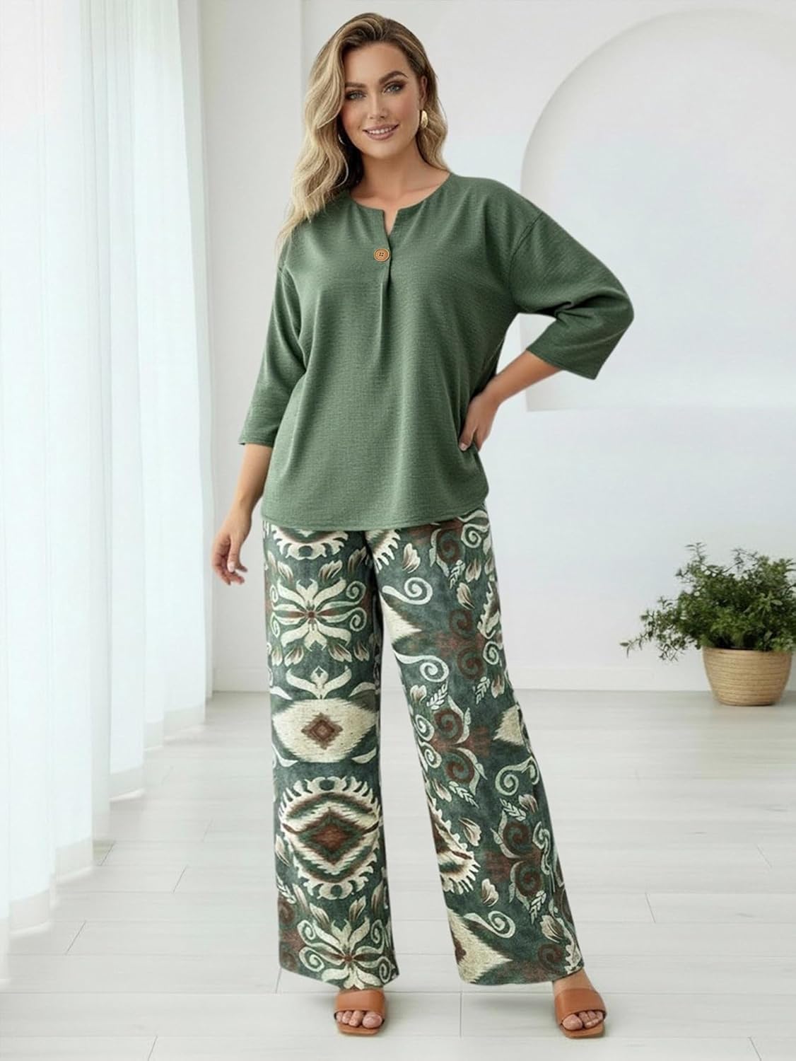 Women's Plus Size 2 Piece Outfits Notch Neck 3/4 Sleeve Top and Boho Pants Set Beach Vacation Clothes - Image 5