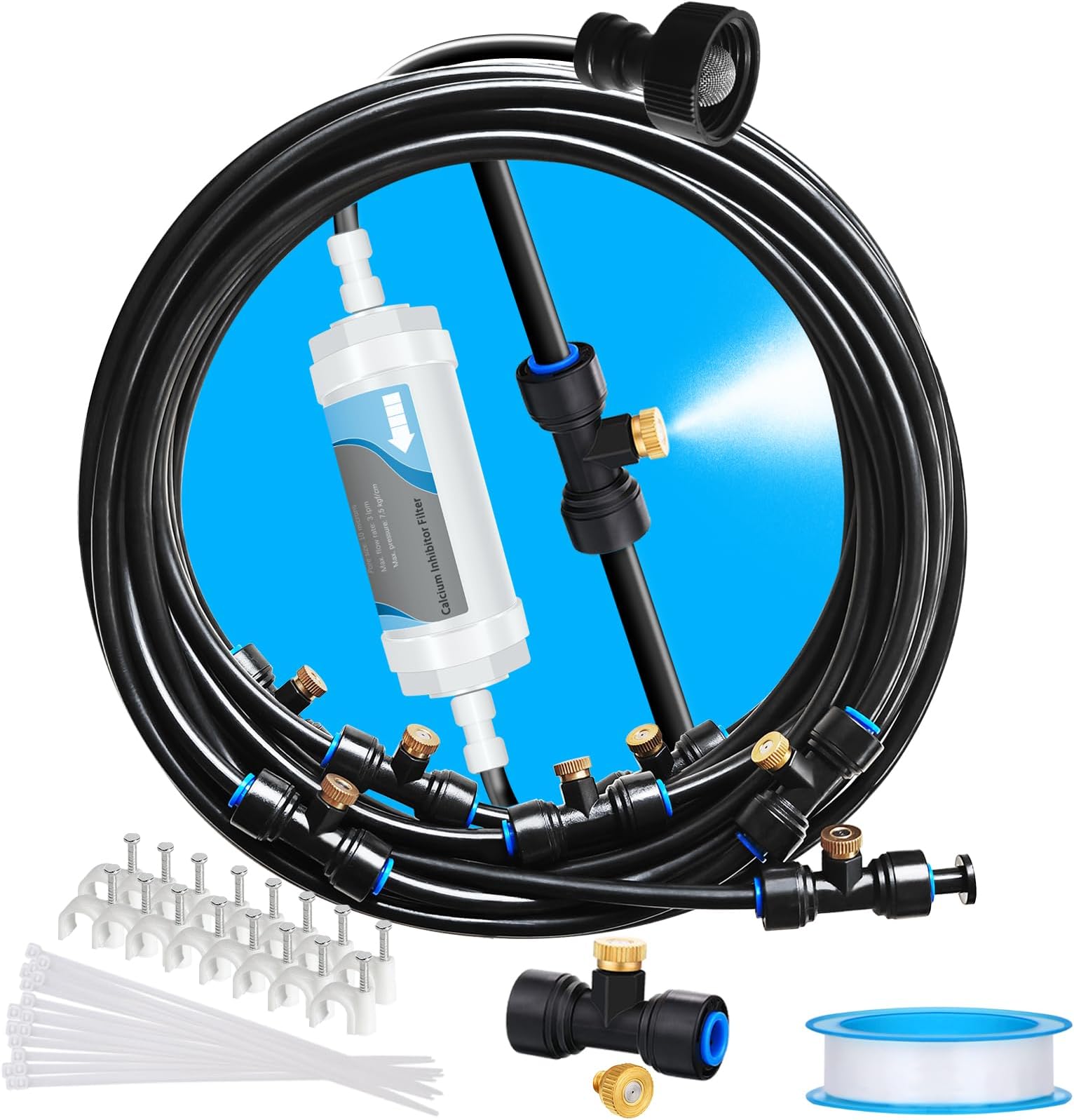 Misting System with Water Filter - Upgraded Signice 26Ft (8M) Line & 7 Brass Mist Nozzles Outdoor Misters for Patio Cooling Mister Systems Kit for Outside Garden Backyard Greenhouse (Black)