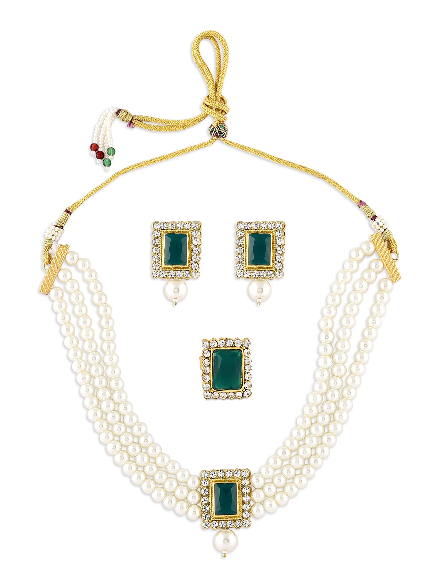 Green Stones Multistrand Pearls Choker Necklace Earring & Ring Set For Women-ZPFK10845