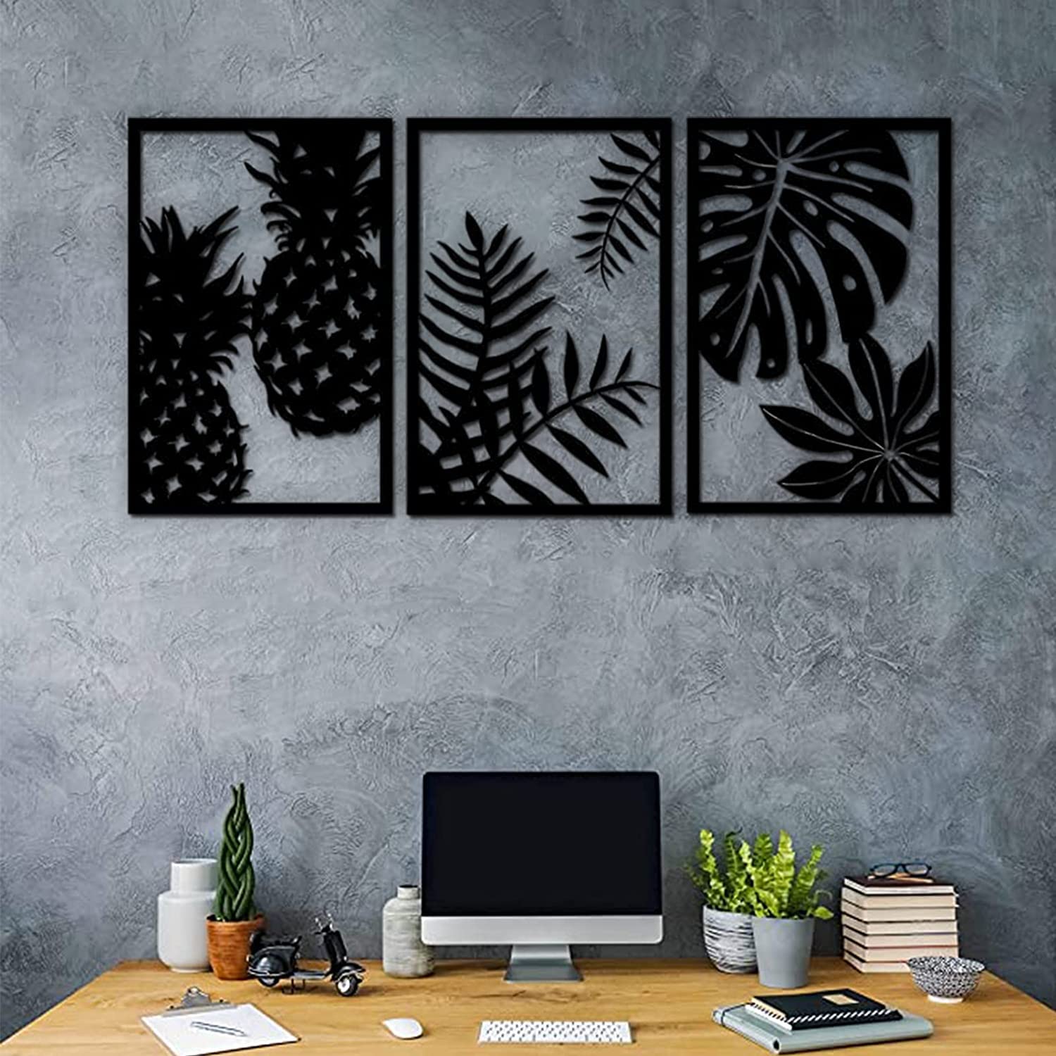 Arredamento di arte del muro di ananas del metallo rustico di alta qualità, decorazione tropicale della palma delle foglie della parete della parete della parete, stile hawaiano for la casa cucina del