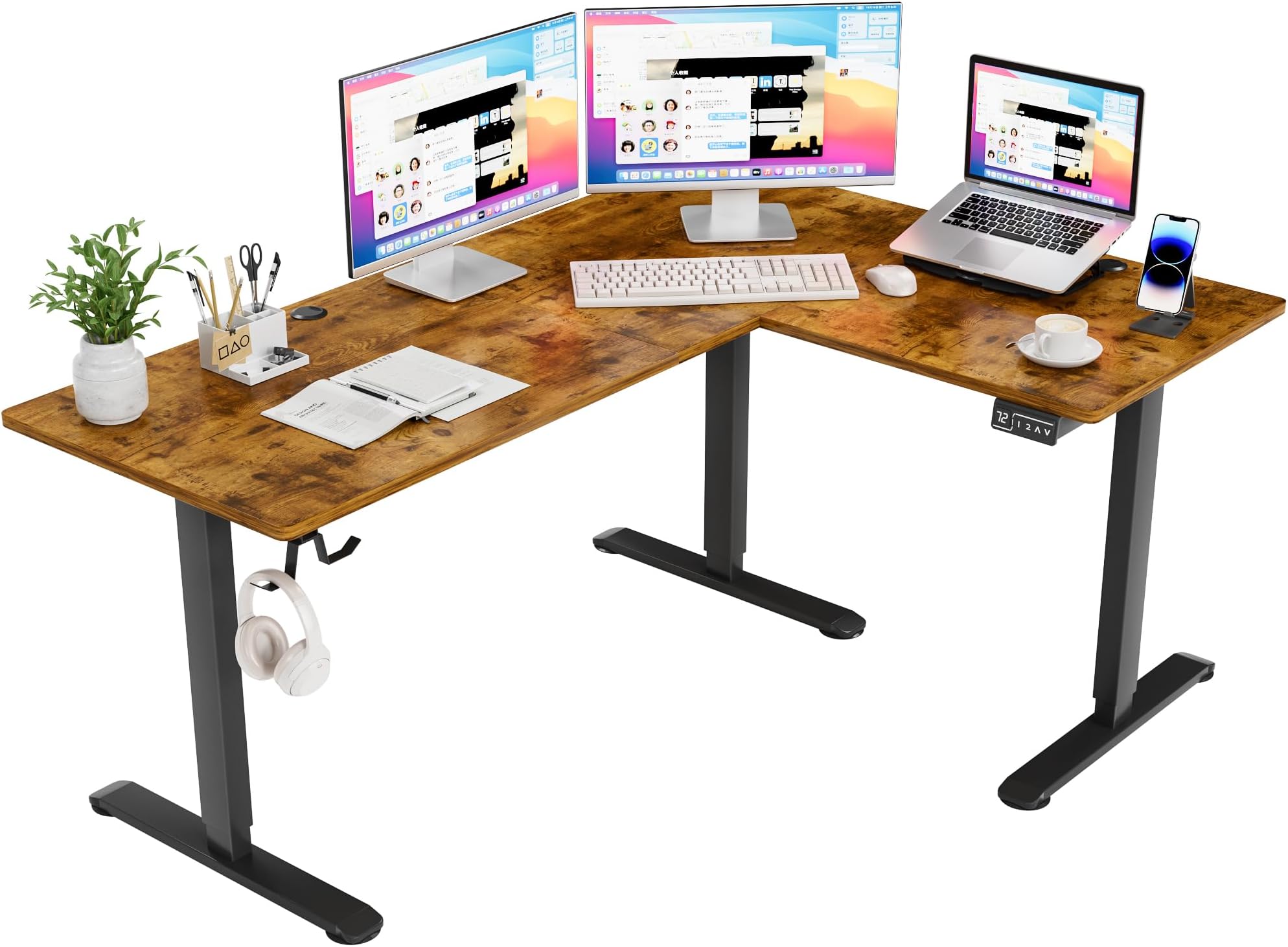 Furmax 63 x 48 Inch L Shaped Standing Desk with 2 Preset Heights, Electric Height Adjustable Computer Table, 2 Hooks & Feet Balance, Corner Sit Stand Desk for Home Office (Rustic Brown, 63 x 48 Inch)