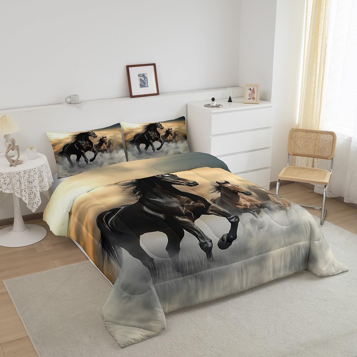 Black Horse Comforter Set Queen 3D Horse Printed Down Comforter, for Adult Women Boys Wild Animal Pattern Quilted Duvet Chic Unique Horse Western Cowboy Farmhouse Theme Soft Breathable Duvet Insert - Image 4