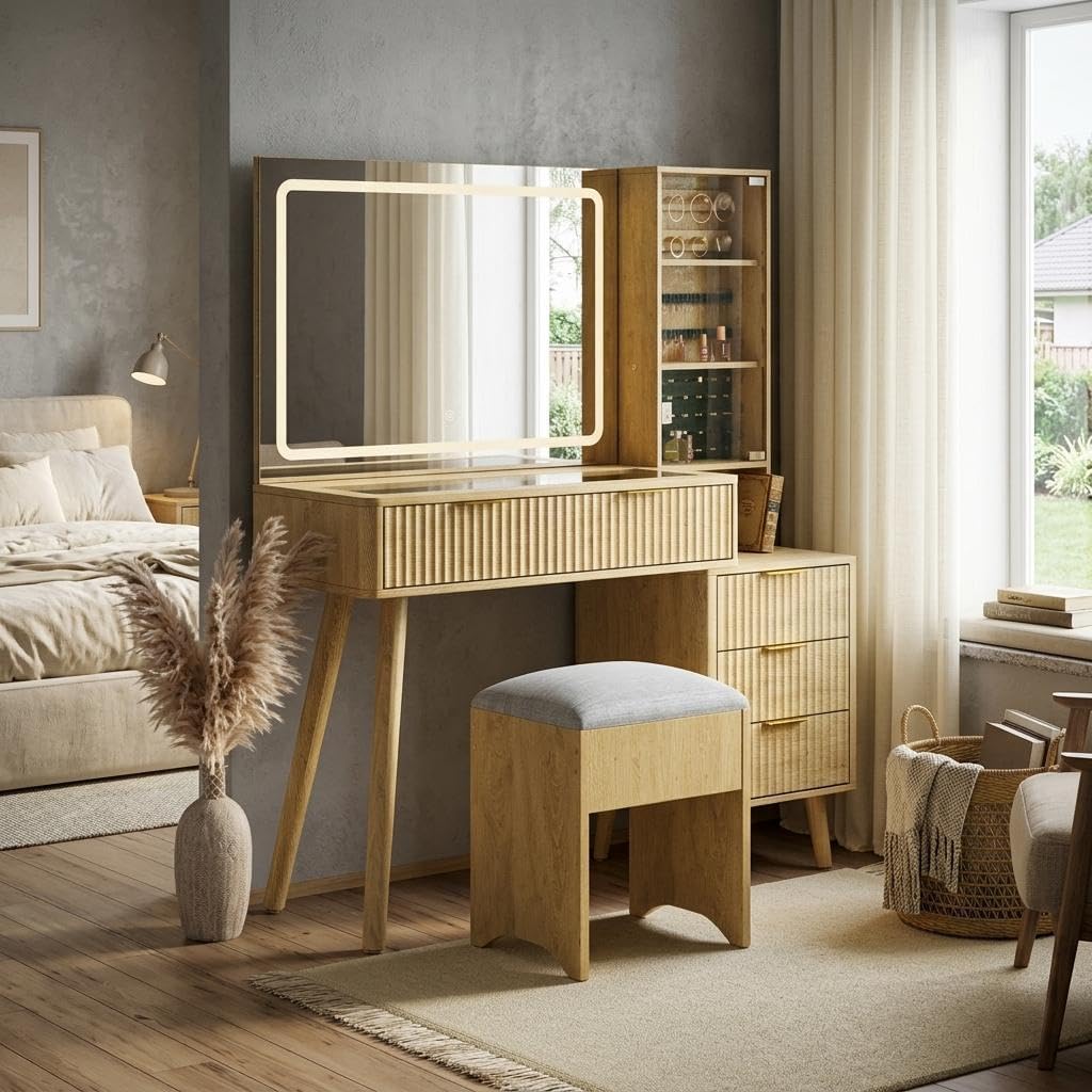 Takywep Modern Vanity Desk with LED Mirror, Glass Top & Jewelry Storage