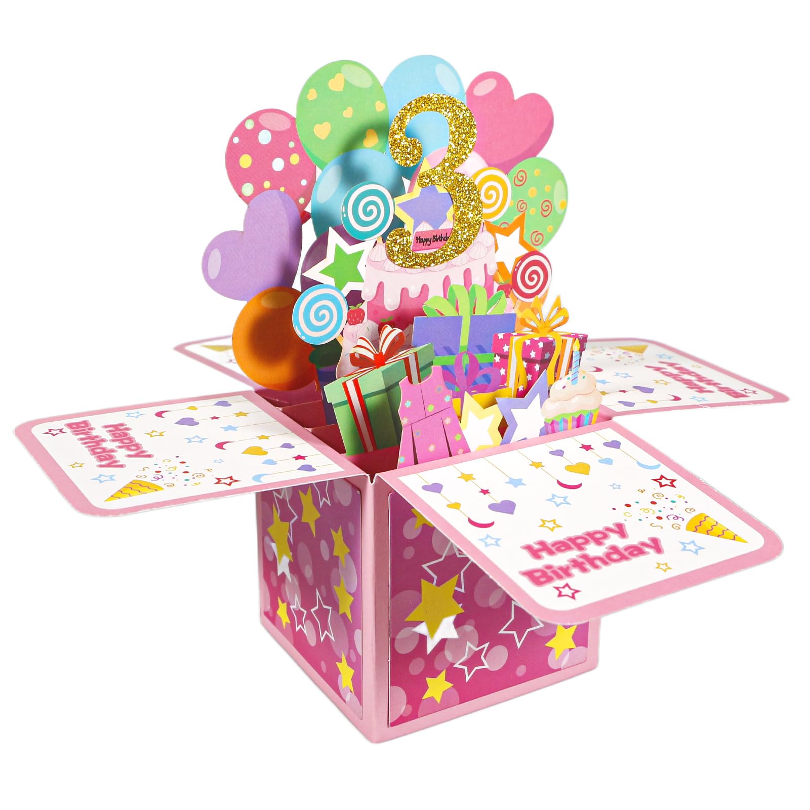 Geukmun 3rd Birthday Card for Girls, 3rd Birthday Gifts for Girls, Pink Pop Up Happy Birthdays Card with Envelope for 3 Year Old Girl Gifts, Granddaughter, Daughter