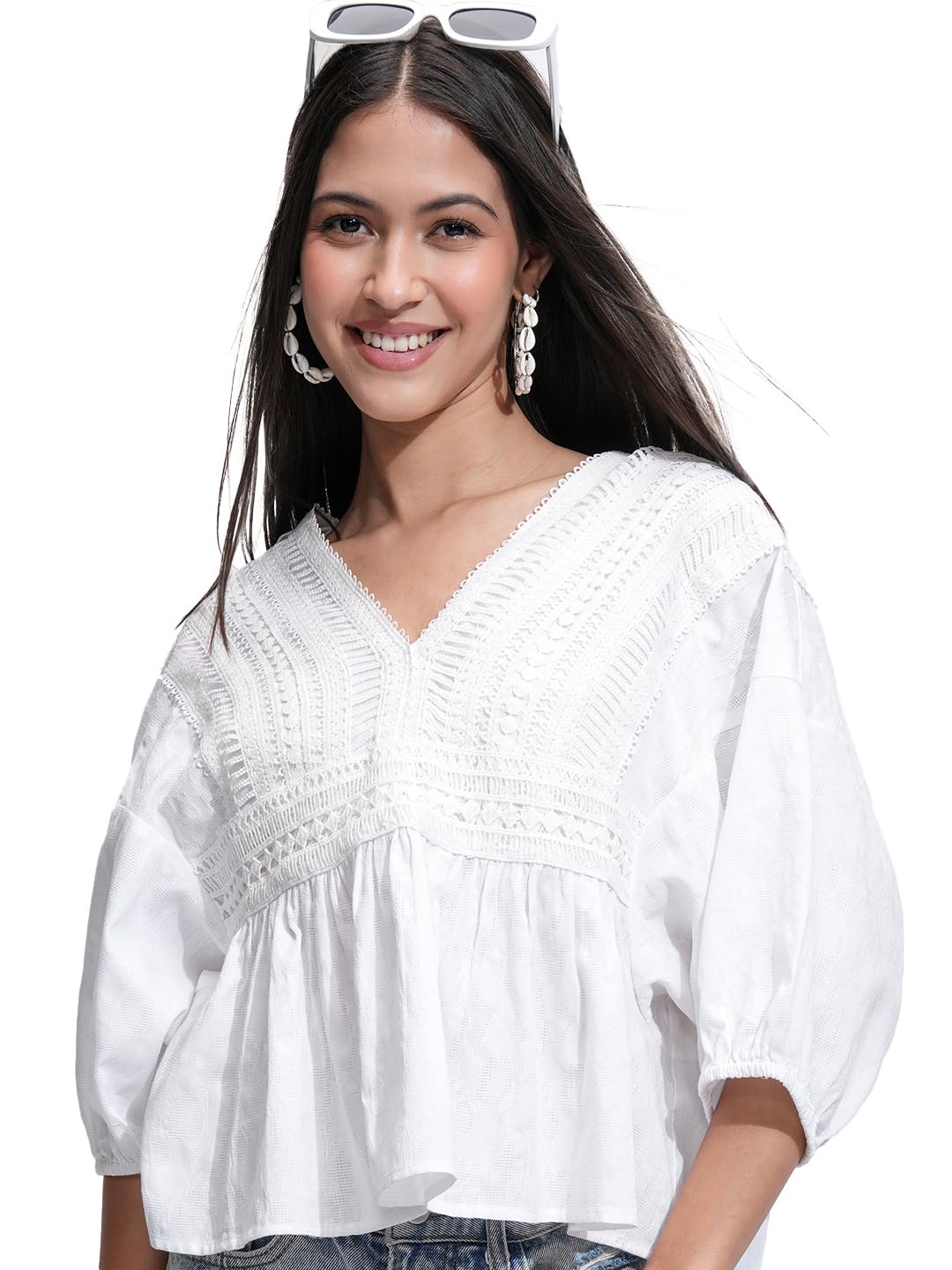 tokyo talkies Women's Three-Quarter Sleeves V-Neck Self Design Tops|Stylish | Casual Wear-picture-17