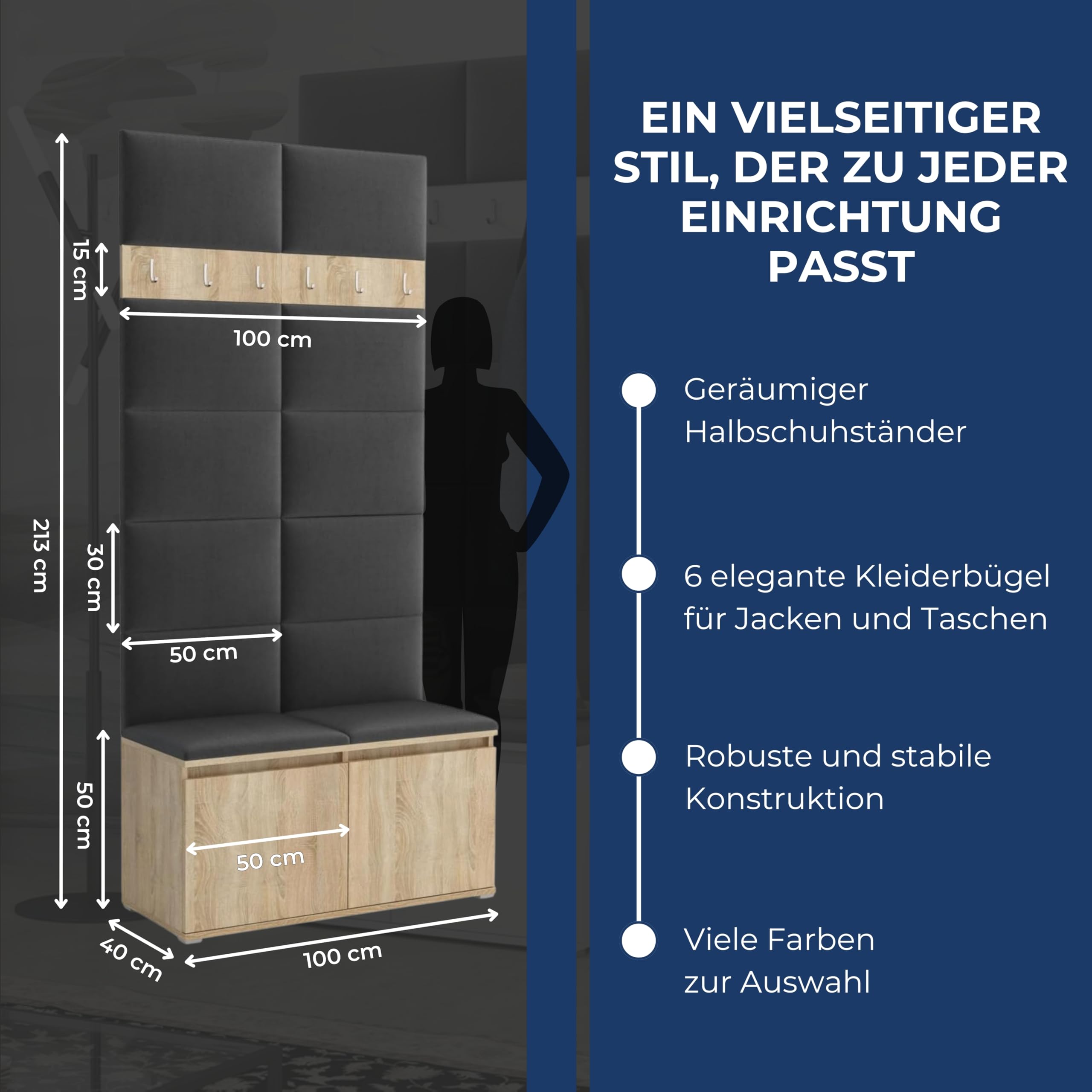 Brent - Garderobenschrank Flur Grau mit sitzbank 100 cm Breit Luton 1 - Multifunktionale Flurgarderobe Set mit Stauraum und Wandpaneel, Garderobe mit Sitzfläche und Kleiderhaken
